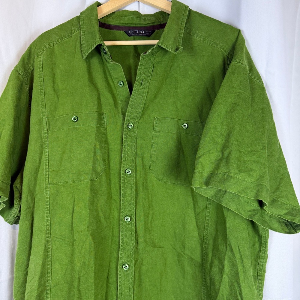Arcteryx Mens XL Green Linen Cotton Short Sleeve Button Down Shirt CA 34438